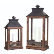 Melrose Set of 2 Brown and Black Wooden Pillar Candle Lantern 27.5"
