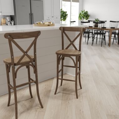 Merrick Lane Calvin 30 Inch Bistro Style Bar Height Wooden Cross Back Dining Stool in Dark Antique. View a larger version of this product image.
