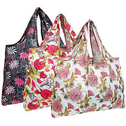 Wrapables Eco-Friendly Large Nylon Reusable Shopping Bags (Set of 3), Pink Floral Bloom