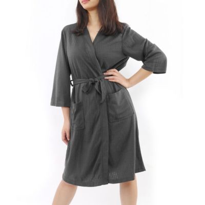 PiccoCasa Women&#39;s Turkish Cotton Lightweight Soft Solid Breathable Long Sleeves Warm Spa Waffle Bathrobe Kimono Short Robe Gray XL