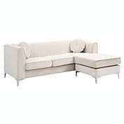 Passion Furniture Delray 87 in. Ivory Velvet L-Shape 3-Seater Sectional Sofa with 2-Throw Pillow