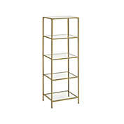 VASAGLE Bookcase, 5-Tier Bookshelf, Slim Shelving Unit for Bedroom, Bathroom, Home Office, Tempered Glass, Steel Frame, Gold Color