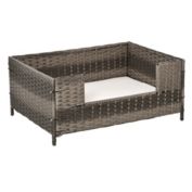 PawHut Rattan Pet Bed Raised Wicker Dog House Small Animal Sofa Indoor & Outdoor with Soft Washable Cushion Grey