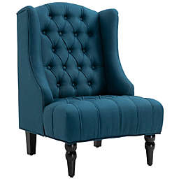HOMCOM Linen Fabric Button Tufted Wingback Accent Chair with Thick Padded Cushioned Seats and Wooden Legs for Living Room and Bedroom, Dark Blue