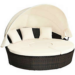 Costway-CA Patio Round Daybed Rattan Furniture Sets with Canopy