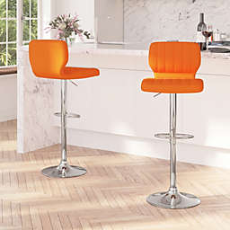 Merrick Lane Set of Two Swivel Bar Stools in Orange Vinyl with Vertical Stitched Back and Adjustable Chrome Base with Footrest