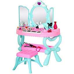 Qaba 2 In 1 Musical Piano Kids Dressing Table Set, 32 PCS Vanity Make Up Desk, Children Pretend Toy, with Beauty Kit, Mirror, Stool, Light, for 3-6 Years Old, Pink, Blue
