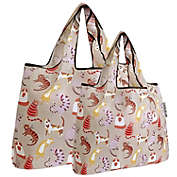 Wrapables Large & Small Foldable Tote Nylon Reusable Grocery Bags, Set of 2, Neutral Felines