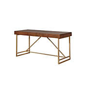 Benzara Modern Style Wooden Writing Desk with Unique Metal Legs, Walnut Brown and Gold- Saltoro Sherpi