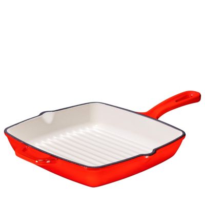 Bruntmor 10 Inch Square Cast Iron Grill Pan Skillet Grill Pan with Easy Grease Draining for Grilling Bacon, Steak, and Meats, Stove, Fire and Oven Safe For Camping Or Barbecue (Red)