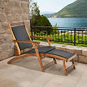 Gymax Folding Patio Acacia Wood Deck Chair Rattan Chaise Lounge Chair w/ Footrest
