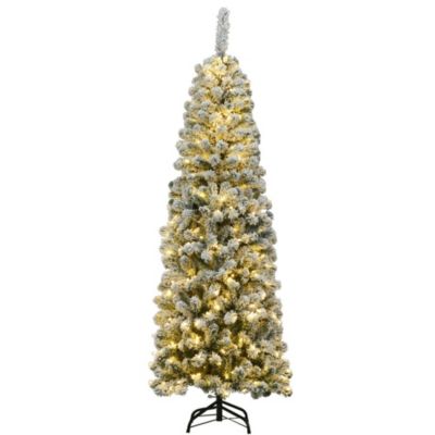 Gymax 6ft Pre-lit Pencil Snow Flocked Pencil Christmas Tree Holiday Decoration
