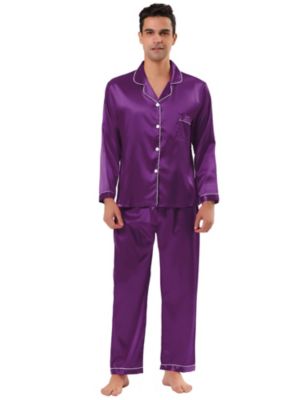 TATT 21 Men&#39;s Satin Pajama Sets Long Sleeves Button Down Sleepwear Purple L