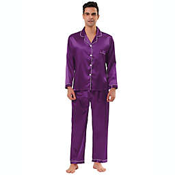 TATT 21 Men's Satin Pajama Sets Long Sleeves Button Down Sleepwear Purple L