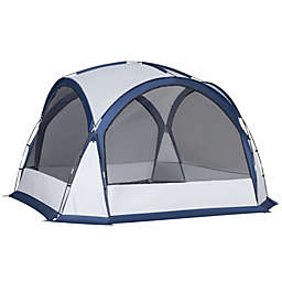 Outsunny Dome Tent for 6-8 Person, Camping Tent with 4 Zipped Mesh Doors, Removable Oxford Cloth, Lamp Hook, Portable Carry Bag, White and Blue