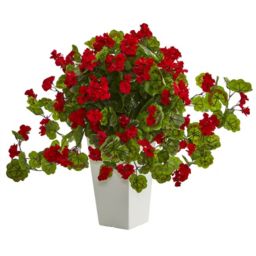 Nearly Natural Geranium Artificial Plant in White Tower Planter - Red