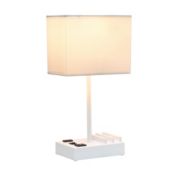 Simple Designs 15.3" Tall Modern Rectangular Multi-Use 1 Light Bedside Table Desk Lamp with 2 USB Ports and Charging Outlet with White Fabric Shade - White