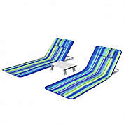 Costway 3 Pieces Beach Lounge Chair Mat Set 2 Adjustable Lounge Chairs with Table Stripe-Stripe