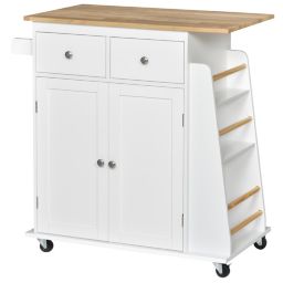 HOMCOM Rolling Kitchen Island Storage Trolley Cart with 3-Tier Spice Rack & Rubber Wood Top for Dining Room