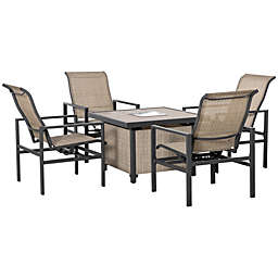 Outsunny 5-Piece Rattan Patio Dining Set Outdoor Wicker Furniture Set 4 Rocking Chairs & Square Table with Metal Ice Bucket, Beige