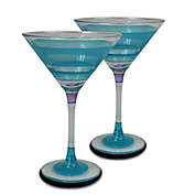 Golden Hill Studio Set of 2 Light Blue and Clear Retro Striped Wine Glasses 7.5 oz.