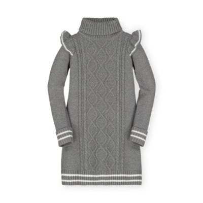 Hope & Henry Girls&#39; Turtleneck Cable Knit Sweater Dress, Dark Gray Heather Cable with Ruffle, 4