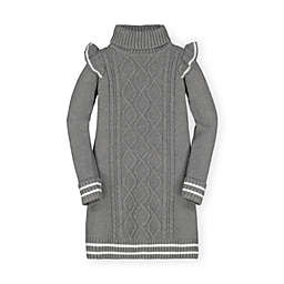 Hope & Henry Girls' Turtleneck Cable Knit Sweater Dress, Dark Gray Heather Cable with Ruffle, 4