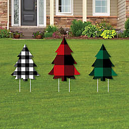 Big Dot of Happiness Holiday Plaid Trees - Outdoor Lawn Sign Decorations with Stakes - Buffalo Plaid Christmas Party Yard Display - 3 Pieces