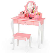 Gymax Kids Vanity Princess Makeup Dressing Table Stool Set W/ Mirror Drawer