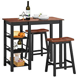 Costway-CA 3 Piece Counter Height Dining Table Set with 2 Saddle Stools and Storage Shelves