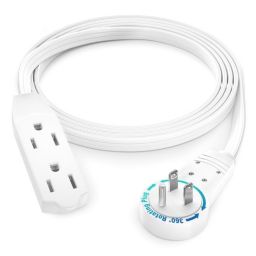 Maximm Cable 4 Ft 360 Rotating Flat Plug Extension Cord/Wire, 16 AWG Multi 3 Outlet Extension Wire, 3 Prong Grounded Wire - White - UL Listed