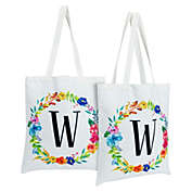 Okuna Outpost Set of 2 Reusable Monogram Letter W Personalized Canvas Tote Bags for Women, Floral Design (29 Inches)