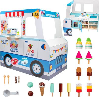 Swan Ice Cream Truck Wooden Playset, 20 Fun Toy Pieces Including Freezer, Steering Wheel, Sink & Sticker Sheet for Kids Name, Includes Popsicles, Cones, Scooper & More, Play Stand for Outdoor Summer Fun