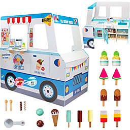 Swan Ice Cream Truck Wooden Playset, 20 Fun Toy Pieces Including Freezer, Steering Wheel, Sink & Sticker Sheet for Kids Name, Includes Popsicles, Cones, Scooper & More, Play Stand for Outdoor Summer Fun