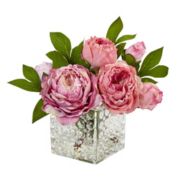 Nearly Natural 10" Pink Peony Artificial Plant with Glass Vase