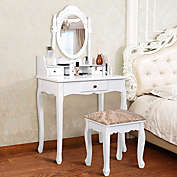 Gymax 3 Drawers Vanity Set Dressing Table w/ Tri-Folding Mirror White