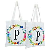 Okuna Outpost Set of 2 Reusable Monogram Letter P Personalized Canvas Tote Bags for Women, Floral Design (29 Inches)