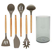 Juvale Silicone and Wood Kitchen Utensil Set with Holder for Cooking (Bamboo, 7-Piece Set)