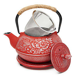 Juvale 27 oz Red Japanese Cast Iron Teapot Set, Loose Leaf Tetsubin with Handle, Infuser, Trivet (800 ml)