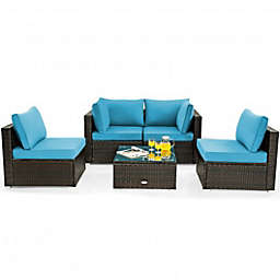 Costway 5 Pieces Cushioned Patio Rattan Furniture Set with Glass Table-Turquoise
