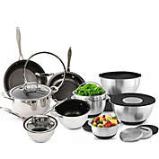 Wolfgang Puck 21-Piece Stainless Steel Cookware and Mixing Bowls Set, Non-Stick Pots, Pans & Skillets; Nesting Bowls with Lids & Interchangeable Blades