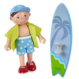 HABA Little Friends Colin - 4" Boy Dollhouse Figure with Surfboard and Removable Shirt - Includes Tri-fold Beach Scenery
