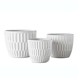 Urban Trends Collection Ceramic Round Pot with Pressed Oval Pattern Design Body and Tapered Bottom Set of Three Matte Finish White