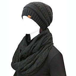 Wrapables Winter Warm Chunky Cable Knit Infinity Scarf and Beanie Set / Black