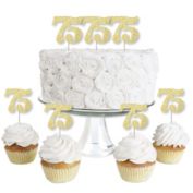 Big Dot of Happiness Gold Glitter 75 - No-Mess Real Gold Glitter Dessert Cupcake Toppers - 75th Birthday Party Clear Treat Picks - Set of 24