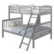 Slickblue Twin over Full Bunk Bed Rubber Wood Convertible with Ladder Guardrail-Gray