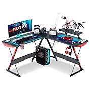 Motpk L Shaped Carbon Fiber Computer Gaming Desk w/ Monitor Shelf, Black
