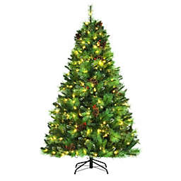 Costway Pre-lit Hinged Christmas Tree with Pine Cones and Red Berries-6'