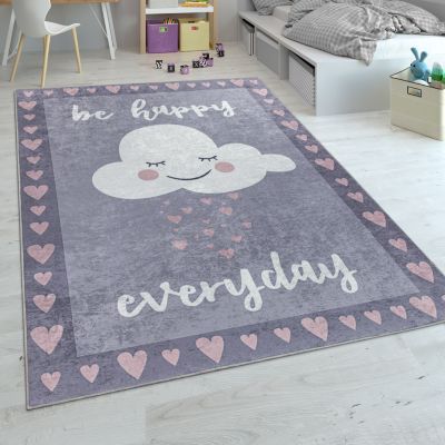Happy Cloud Design Grey Pink Children's Room Rug Washable Nursery Playmat Carpet 