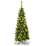 Costway 4.5 ft Pre-Lit Premium Hinged Artificial Fir Pencil Christmas Tree with LED Lights-Green